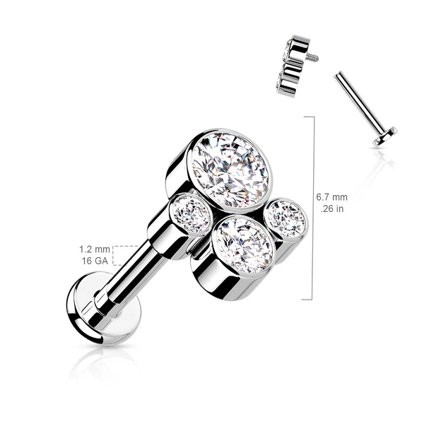 A & ONE Ezüst Színű Titánium  Egyenesszárú Labret Piercing Fehér Cirkónia Kövekkel