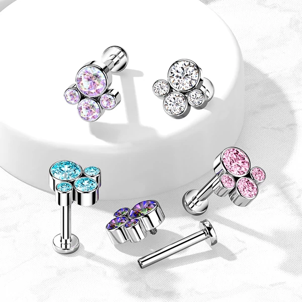 A & ONE Ezüst Színű Titánium  Egyenesszárú Labret Piercing Fehér Cirkónia Kövekkel