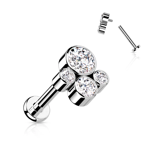 A & ONE Ezüst Színű Titánium  Egyenesszárú Labret Piercing Fehér Cirkónia Kövekkel