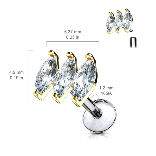 Arany Színű 316L Orvosi Acél Egyenesszárú Labret Piercing Három Kővel