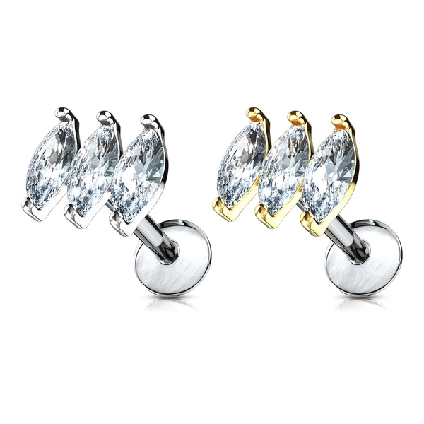 Arany Színű 316L Orvosi Acél Egyenesszárú Labret Piercing Három Kővel