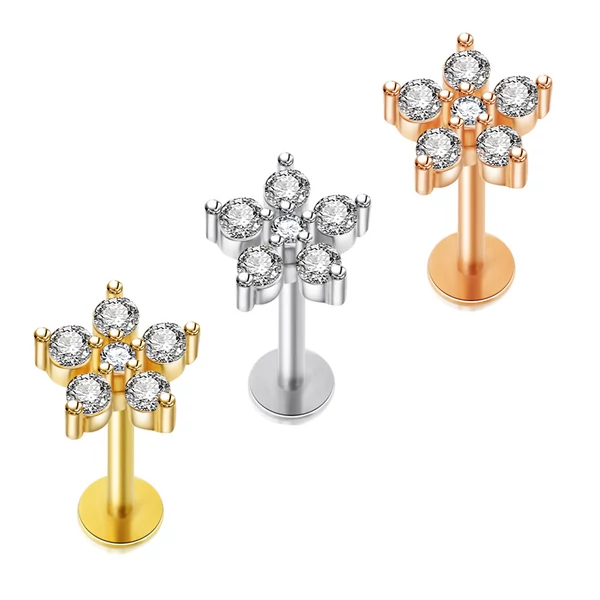 Arany Színű Rozsdamentes Acél Egyenesszárú Labret Piercing Kövekkel Díszített Virággal