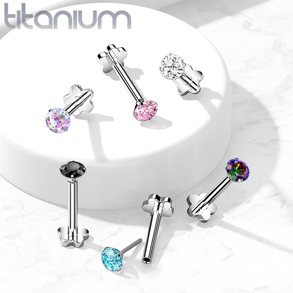 Virág Alakú Titánium Egyenesszárú Labret Piercing Fehér Színű Cirkónia Kővel