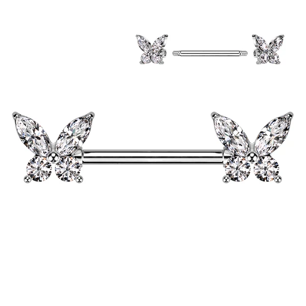 Ezüst Színű 316L Orvosi Acél Fehér Cirkónia Kővel Díszített Pillangó Mintás Mell Barbell Piercing