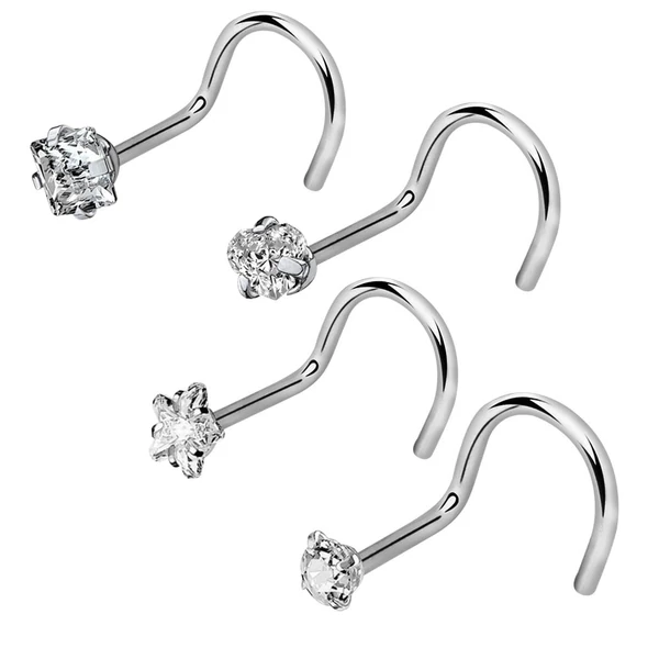 A & ONE 4 Darabos Ezüst Színű 316L Orvosi Acél Orr Piercing Szett Fehér Köves Díszítéssel