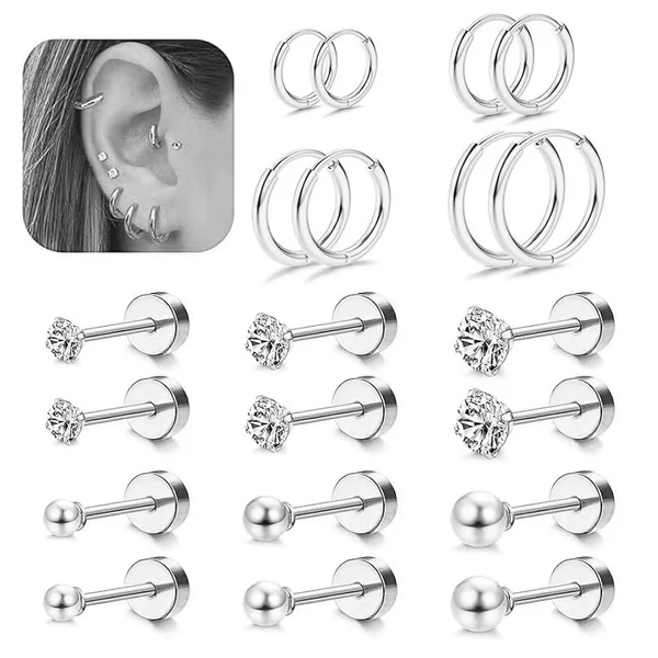 Ezüst Színű 316L Piercing Szett - 10 pár