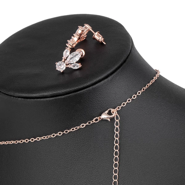 Rózsaarany Nikkelmentes Fém Átlátszó Köves Virág Mintázatú Nyaklánc és Fülbevaló Ékszer Szett