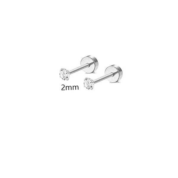 Ezüst Színű 316L Orvosi Acél Egyenesszárú Labret Piercing Cirkónia Kővel - 1 pár - 2 mm
