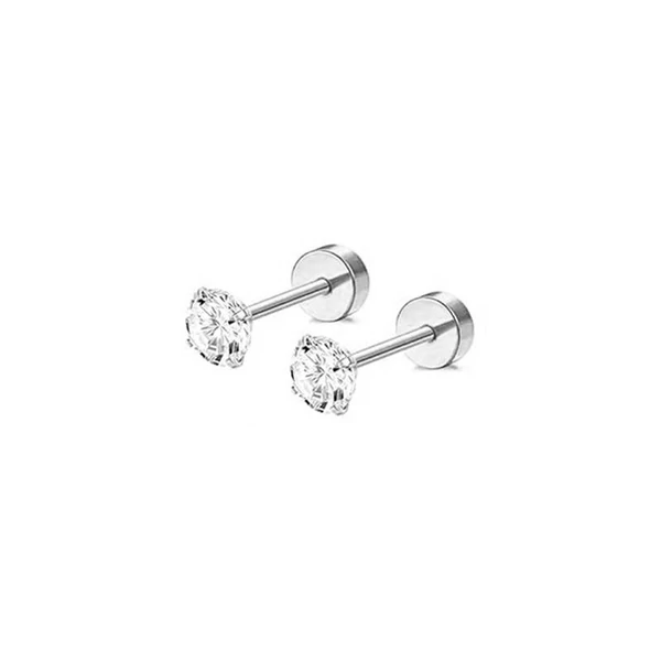 Ezüst Színű 316L Orvosi Acél Egyenesszárú Labret Piercing Cirkónia Kővel - 1 pár - 4 mm
