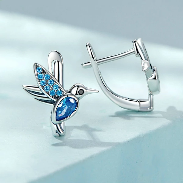 S925 Ezüst Kék Köves Kolibri Formájú Pici Karika Fülbevaló
