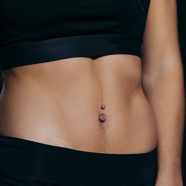 Ezüst Színű Titánium Dupla Golyós Köldök Piercing Rózsaszín Kővel
