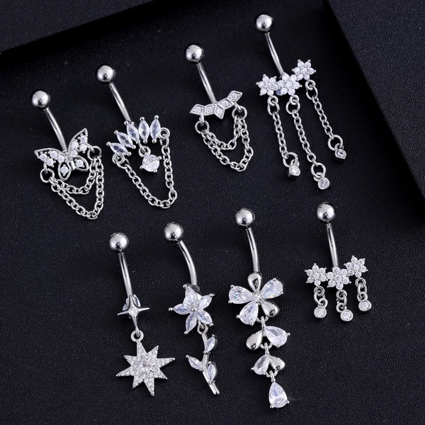 Ezüst Színű 316L Orvosi Acél Hold Alakú Lógós Köldök Piercing