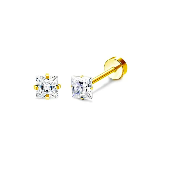 316L Arany Színű Kocka Alakú Labret Piercing Cirkónia Kővel - 4 mm