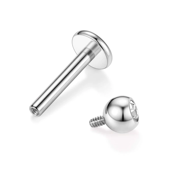 Ezüst Színű Titánium Egyenesszárú Labret Piercing Fehér Kővel -1db
