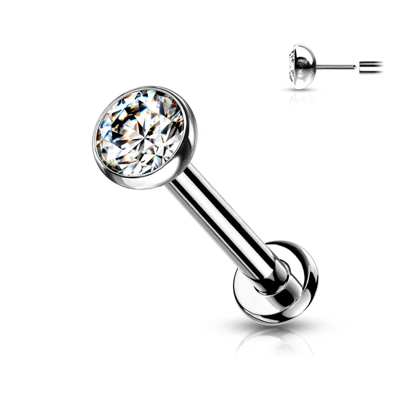 Ezüst Színű Titánium Egyenesszárú Labret Piercing Fehér Kővel-Dísz 5mm
