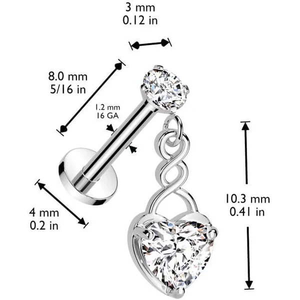 Ezüst Színű Push-in Labret Piercing Szív Medállal Cirkónia Kővel