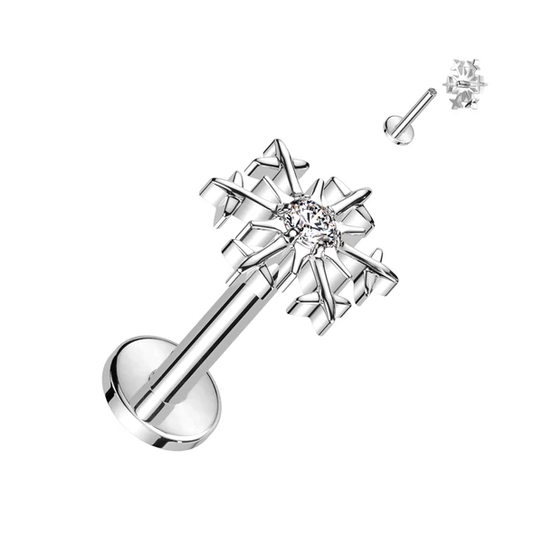 Ezüst Színű Hópehely Alakú Titánium Labret Piercing Fehér Cirkónia Kővel
