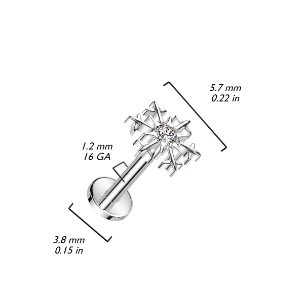 Ezüst Színű Hópehely Alakú Titánium Labret Piercing Fehér Cirkónia Kővel