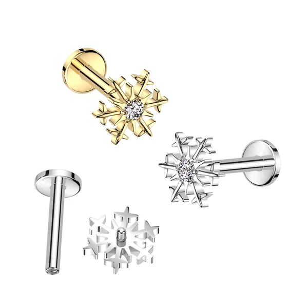 Ezüst Színű Hópehely Alakú Titánium Labret Piercing Fehér Cirkónia Kővel