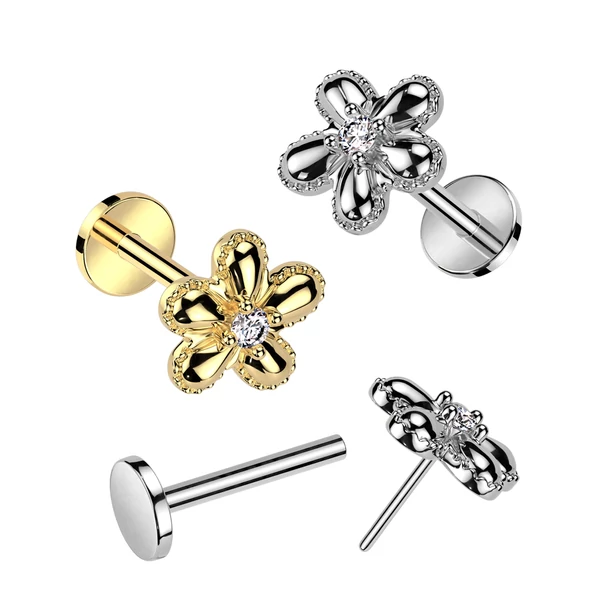 Arany Színű 316L Orvosi Acél Push-in Labret Piercing Virág Dísszel