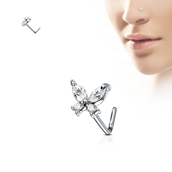 Ezüst Színű Hajlított Orr piercing Átlátszó Pillangó Dísszel