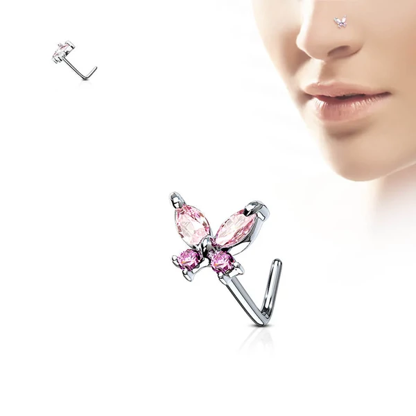 Ezüst Színű Hajlított Orr piercing Rózsaszín Pillangó Dísszel