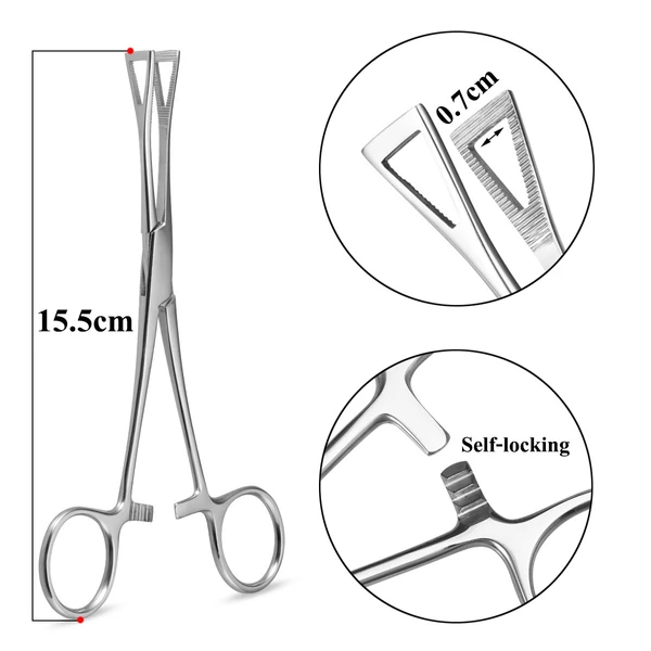 316L Orvosi Acél Piercing Leszorító Fogó, Háromszög Nyílású, Önzáró Kialakítással (15,5 cm), Sterilizált Tasakban