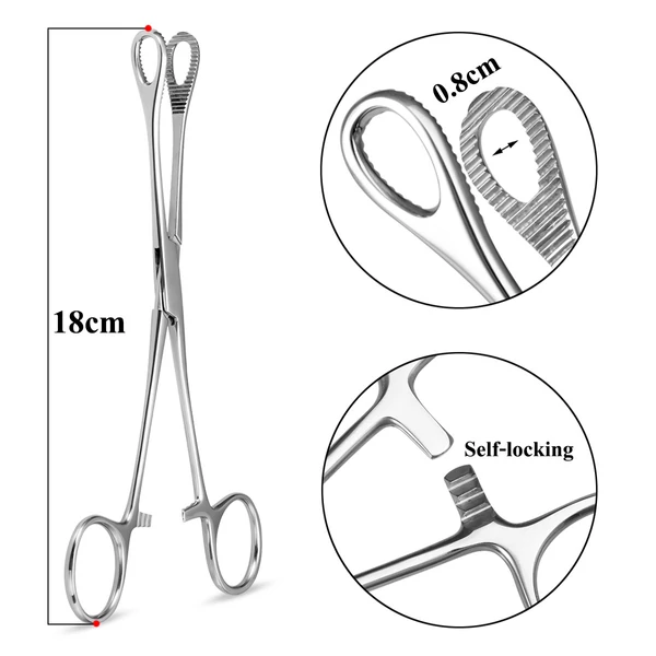 316L Orvosi Acél Piercing Leszorító Fogó, Ovális Nyílás, Önzáró Mechanikával (18 cm), Sterilizált Tasakban