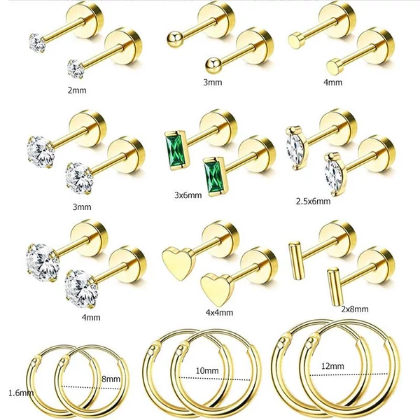 Arany Színű 316L Piercing Szett - 12 pár