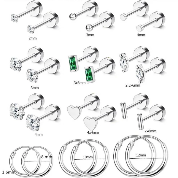 Ezüst Színű 316L Piercing Szett - 12 pár