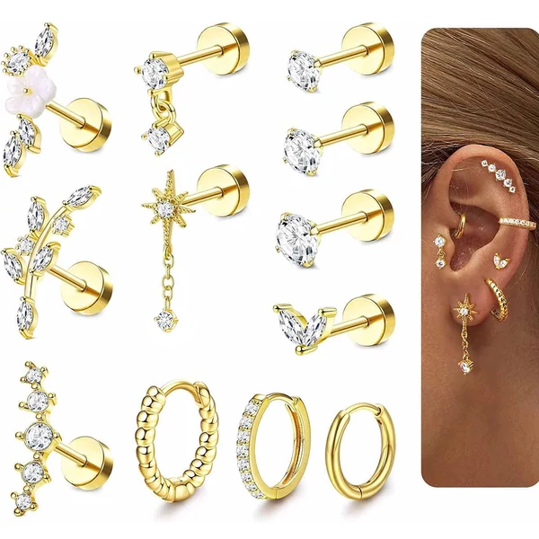 Arany Színű 316L Piercing Szett - 12 db