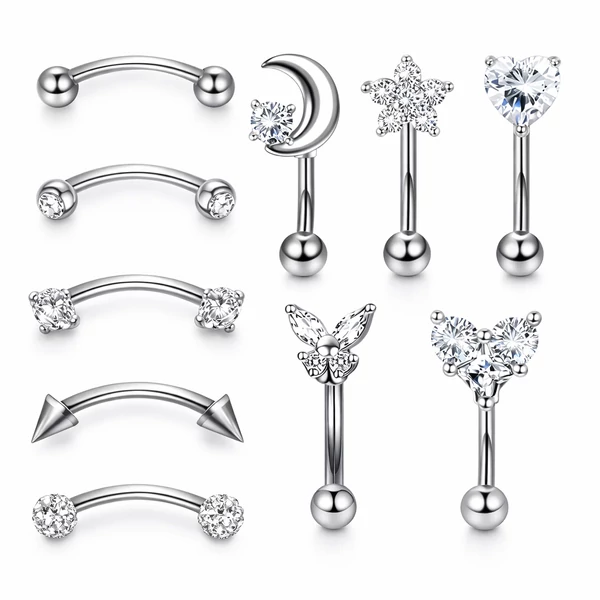 Ezüst Színű 316L Szemöldök Banán Piercing Szett - 10 db
