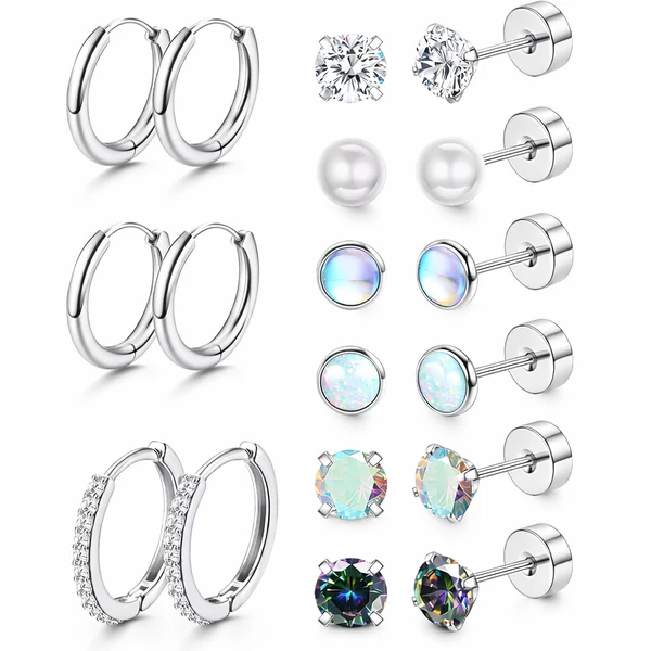 Ezüst Színű 316L Orr És Karika Piercing Szett - 9 pár