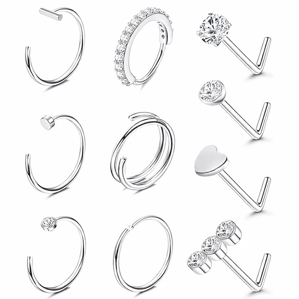 Ezüst Színű 316L Orr És Karika Piercing Szett - 10 db