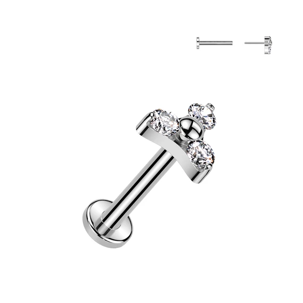 Ezüst Színű Titánium Push-in Labret Piercing Köves Díszítéssel