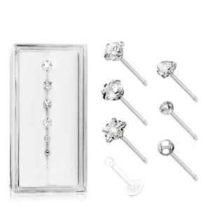 A & ONE 7 Darabos Fehér Színű Orvosi Acél Piercing Szett Cirkónia Kővel, 4-2 mm