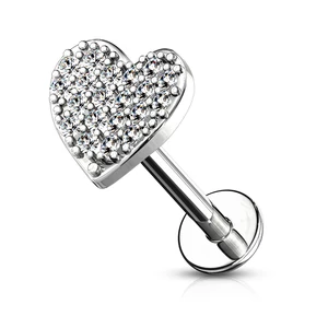 Ezüst Színű 316L Orvosi Acél Egyenesszárú Labret Piercing Kövekkel Díszített Szívvel