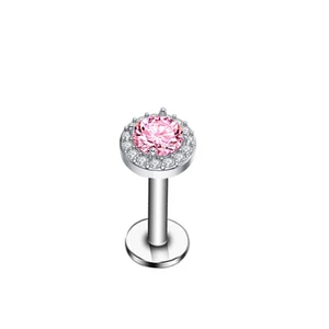 A & ONE Ezüst Színű Rozsdamentes Acél Egyenesszárú Labret Piercing Rózsaszín Cirkónia Kövekkel