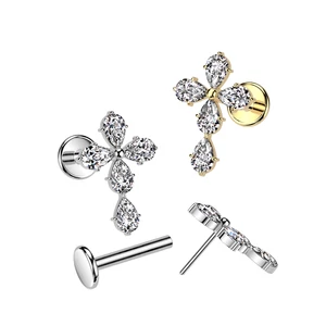 Ezüst Színű 316L Orvosi Acél Push-in Labret Piercing Kereszt Alakú Dísszel