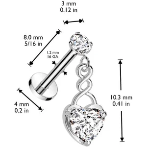 Ezüst Színű Push-in Labret Piercing Szív Medállal Cirkónia Kővel