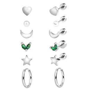 Ezüst Színű 316L Piercing Szett Cirkónia Kővel - 6 pár