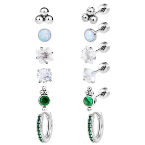Ezüst Színű 316L Piercing Szett Cirkónia Kővel - 6 pár
