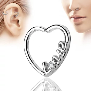A & ONE Ezüst Színű 1db-os Szív Alakú Love Feliratos Cirkonia Köves Hamis Piercing Balos