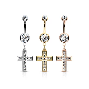 A & ONE Ezüst Színű Orvosi Fém Kereszt Alakú Köldök Piercing Cirkónia Kövekkel