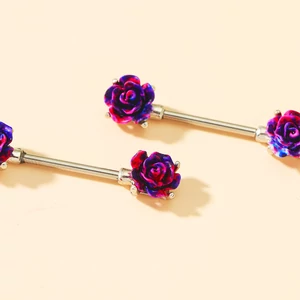 A & ONE Ezüst Színű Rozsdamentes Acél Egyenesszárú Mell Piercing Lila Rózsa Alakú Véggel