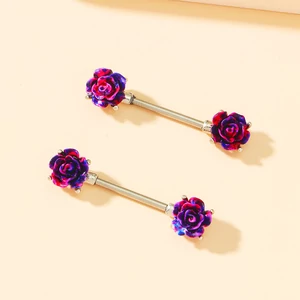 A & ONE Ezüst Színű Rozsdamentes Acél Egyenesszárú Mell Piercing Lila Rózsa Alakú Véggel