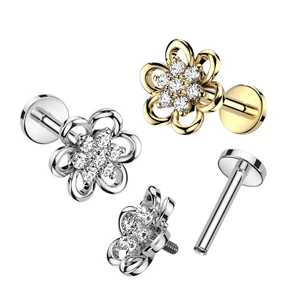 Arany Színű Virággal Díszített 316L Orvosi Acél Egyenesszárú Labret Piercing