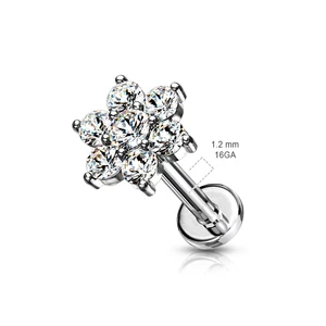 Csillogó Virággal Díszített Arany Színű  316L Orvosi Acél Egyenesszárú Labret Piercing