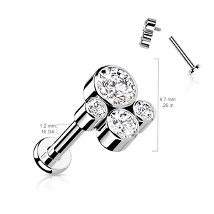 A & ONE Ezüst Színű Titánium  Egyenesszárú Labret Piercing Fehér Cirkónia Kövekkel