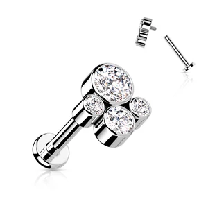 A & ONE Ezüst Színű Titánium  Egyenesszárú Labret Piercing Fehér Cirkónia Kövekkel